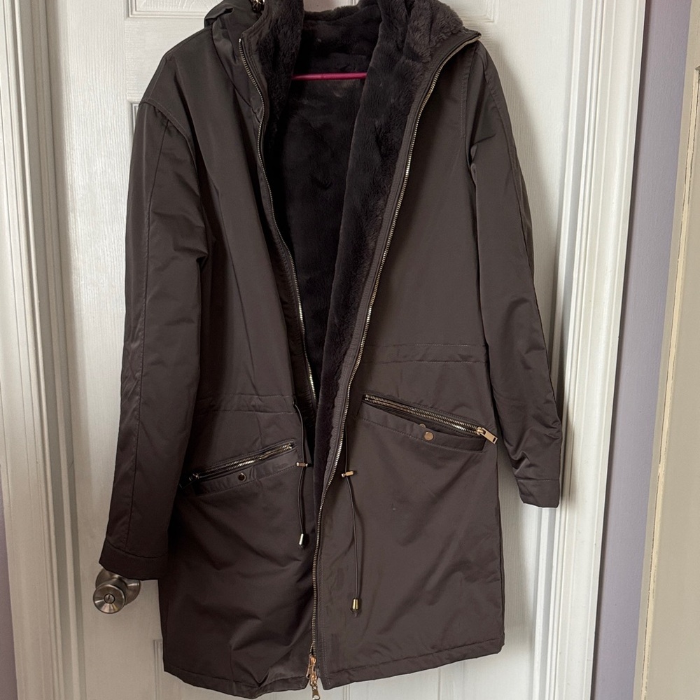 Love Token Dark Brown Hooded Faux-Fur Lined Puffer Coat reversible